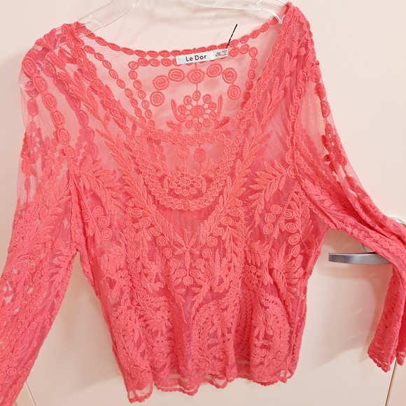 Le Dor Peach Colored Lace & Crochet Boat Neck Top Size 2XL Women's - Picture 1 of 4